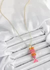 Pirinç Pembe Ve Turuncu Balık Model Zirkon Taşlı Gold Renk Kadın Kolye