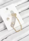 Pirinç Üçgen Figürlü Zirkon Taşlı Gold Renk 3lü Kıkırdak Kadın Küpe Set