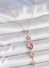 Pirinç Zincir Gold Renk Pembe Zirkon Taşlı Y Kolye