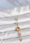 Pirinç Zincir Kehribar Sarı Gold Renk  Zirkon Taşlı Y Kolye