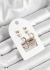 Pirinç Zirkon Taş Ve Kalp Figürlü Gold Renk 3lü Çift Kadın Küpe Set