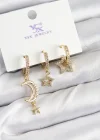 Pirinç Zİrkon Taşlı Ay Ve Hilal Model Gold Renk 3lü Kadın Küpe