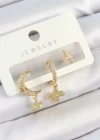 Pirinç Zirkon Taşlı Çiçek Ve Ay Model Gold Renk 3lü Çift Kadın Küpe Set