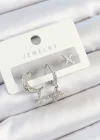 Pirinç Zirkon Taşlı Çiçek Ve Ay Model Gümüş Renk 3lü Çift Kadın Küpe Set