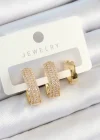 Pirinç Zirkon Taşlı Damla Model Gold Renk 3lü Çift Kadın Küpe Set
