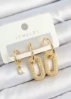 Pirinç Zirkon Taşlı Dikdörtgen Model Gold Renk 3lü Çift Kadın Küpe Set