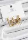 Pirinç Zİrkon Taşlı Dikdörtgen Model Gold Renk 3lü Kadın Küpe