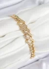 Pirinç Zirkon Taşlı Ezme Küba Zincir Model Gold Renk Kadın Bileklik