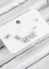 Pirinç Zirkon Taşlı Fiyonk Model Gümüş Renk 925 Ayar Gümüş Çivi Kadın Küpe Set