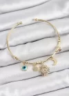 Pirinç Zirkon Taşlı Güneş Ay Nazar Model Gold Renk Charm Bileklik