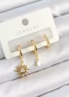 Pirinç Zirkon Taşlı Güneş Model Gold Renk 3lü Çift Kadın Küpe Set