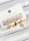 Pirinç Zirkon Taşlı Halka Model Gold Renk 3lü Çift Kadın Küpe Set
