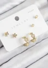 Pirinç Zirkon Taşlı Halka Model Gold Renk 925 Ayar Gümüş Çivi Kadın Küpe Set