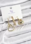 Pirinç Zİrkon Taşlı Kalp Model Gold Renk 3lü Kadın Küpe
