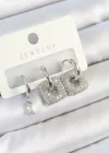 Pirinç Zirkon Taşlı Kare Model Gümüş Renk 3lü Çift Kadın Küpe Set