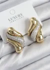 Pirinç Zirkon Taşlı Kıvrım Model Gold Renk Kadın Küpe