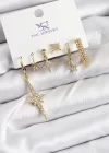 Pirinç Zİrkon Taşlı Kutup Yıldızı Model Gold Renk 3lü Çift Kadın Küpe