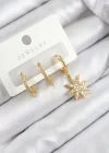 Pirinç Zirkon Taşlı Kutup Yıldızı Model Gold Renk 3lü Set Kadın Küpe