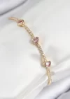 Pirinç Zirkon Taşlı Pembe Kalp Model Gold Renk Kadın Bileklik