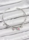 Pirinç Zirkon Taşlı Pembe Kalp Model Gümüş Renk Charm Bileklik