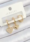 Pirinç Zirkon Taşlı Sallantılı Kalp Model Gold Renk 3lü Çift Kadın Küpe Set