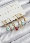 Pirinç Zirkon Taşlı Sallantılı Model Gold Renk 6lı Küpe Set