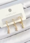 Pirinç Zirkon Taşlı Sallantılı Yıldız Model Gold Renk 3lü Çift Kadın Küpe Set
