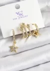 Pirinç Zİrkon Taşlı Sallantılı Yıldız Model Gold Renk 3lü Kadın Küpe
