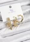 Pirinç Zİrkon Taşlı Sallantılı Yıldız Model Gold Renk 3lü Kadın Küpe