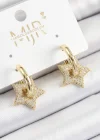 Pirinç Zirkon Taşlı Yıldız Figürlü Halka Model Gold Renk Kadın Küpe