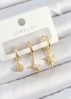Pirinç Zirkon Taşlı Yıldız Model Gold Renk 3lü Çift Kadın Küpe Set