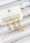 Pirinç Zirkon Taşlı Yıldız Model Gold Renk 3lü Çift Kadın Küpe Set