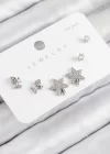 Pirinç Zirkon Taşlı Yıldız Ve Gül Model Gümüş Renk 925 Ayar Gümüş Çivi Kadın Küpe Set