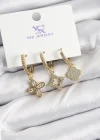 Pirinç Zİrkon Taşlı Yonca Model Gold Renk 3lü Kadın Küpe