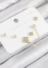 Pirinç Zirkon Taşlı Yonca Model Gold Renk 925 Ayar Gümüş Çivi Kadın Küpe Set