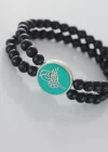 Yeşil Metal Üzerine Silver Osmanlı Tuğra Figürlü Siyah Renk Çift Sıra Doğal Taş Erkek Bileklik