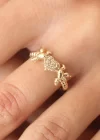 Zirkon Taşlı Gold Renk Kalp ve Kuş Figürlü Ayarlanabilir Kadın Yüzük