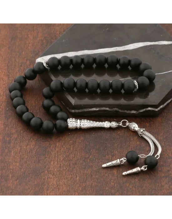 ​Doğaltaş Metal Püsküllü Mat Oniks Taşı Tesbih