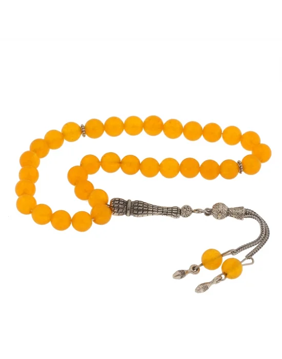 ​Doğaltaş Metal Püsküllü Sarı Yeşim Taşı Tesbih