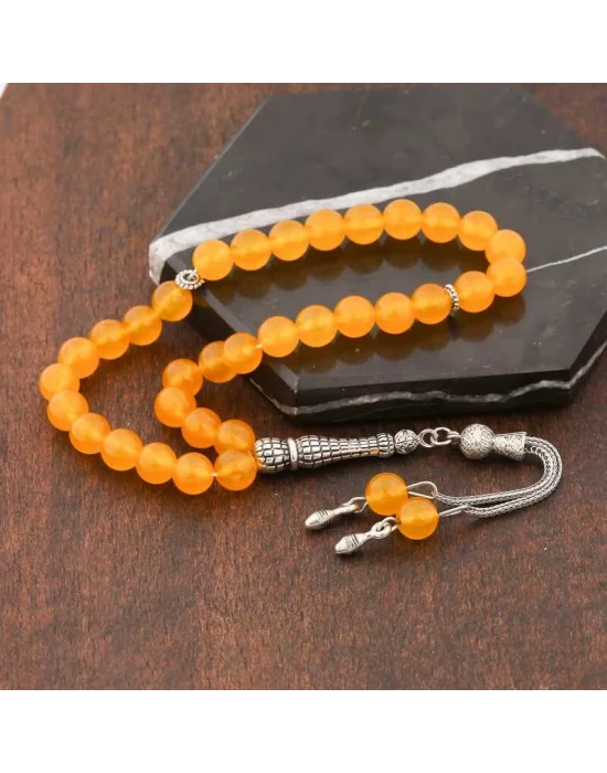 ​Doğaltaş Metal Püsküllü Sarı Yeşim Taşı Tesbih