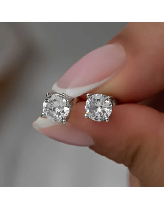 ​Gümüş 6 mm Beyaz Zirkon Tek Taş Kadın Küpe