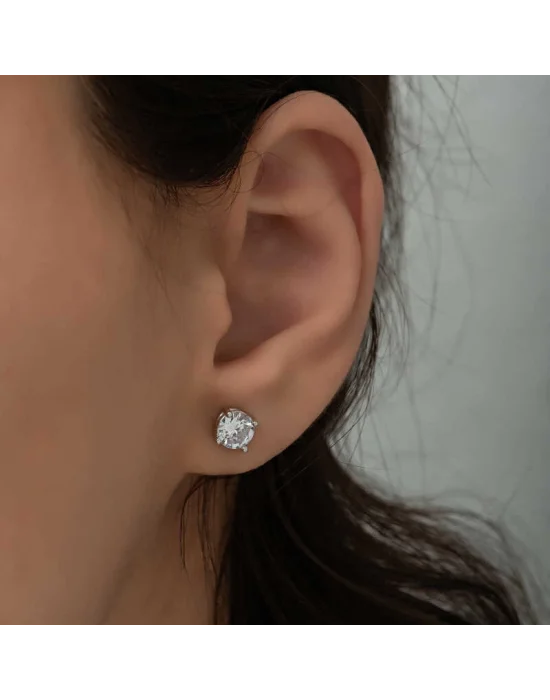 ​Gümüş 6 mm Beyaz Zirkon Tek Taş Kadın Küpe