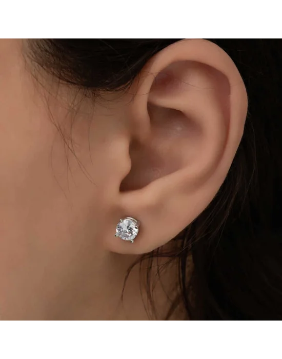 ​Gümüş 7 mm Beyaz Zirkon Tek Taş Kadın Küpe