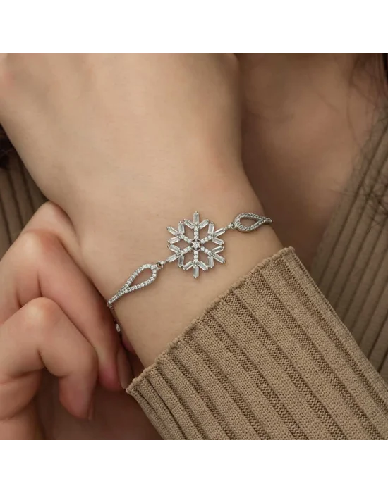 ​Gümüş Baget Taşlı Kar Tanesi Bileklik