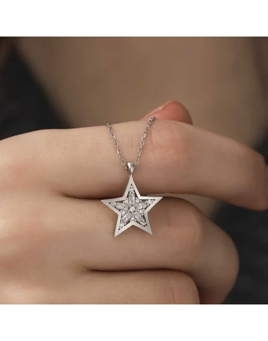 ​​Gümüş Baget Taşlı Yıldız Kolye