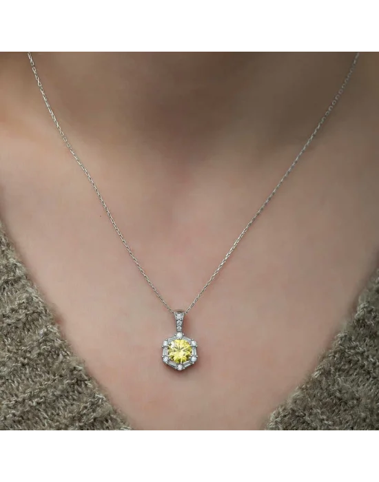 ​Gümüş Buğday Sarısı Baget Taşlı Bayan Kolye