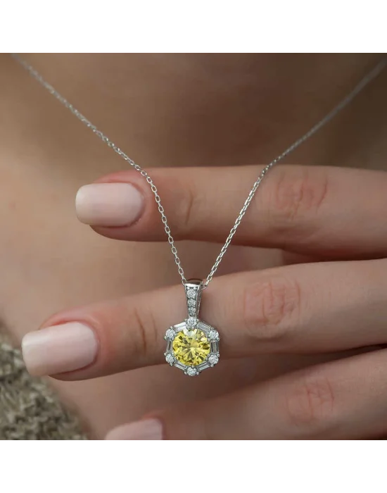 ​Gümüş Buğday Sarısı Baget Taşlı Bayan Kolye