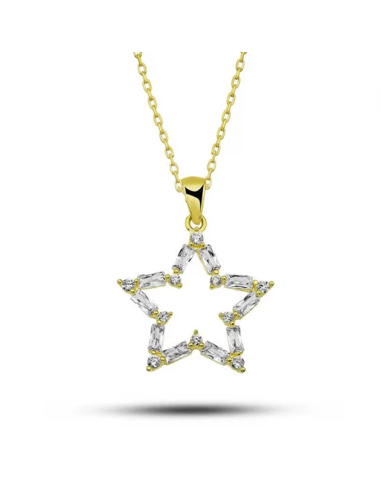​Gümüş Gold Baget Taşlı Yıldız Kadın Kolye