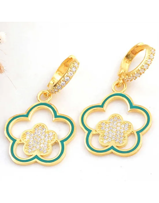 ​Gümüş Gold Sallantılı Çiçek Desenli Kadın Küpe