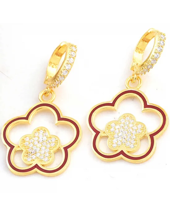 ​Gümüş Gold Sallantılı Çiçek Desenli Kadın Küpe